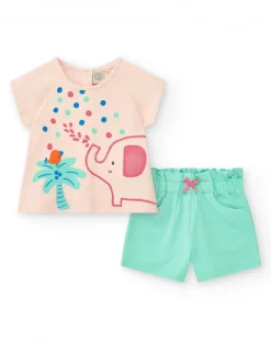 Ensemble rose pour fille avec t-shirt d'éléphant et pantalon court vert