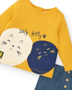 Ensemble t-shirt et pantalon garçon jaune et bleu imprimé chatons, collection Lovely Kittens