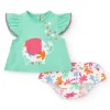 Ensemble vert pour fille avec t-shirt d'éléphant et culotte blanche avec feuilles tropicales