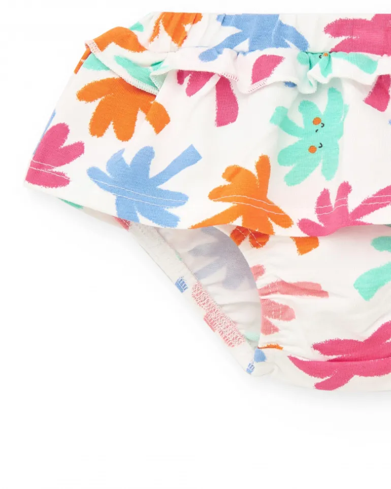 Ensemble vert pour fille avec t-shirt d'éléphant et culotte blanche avec feuilles tropicales