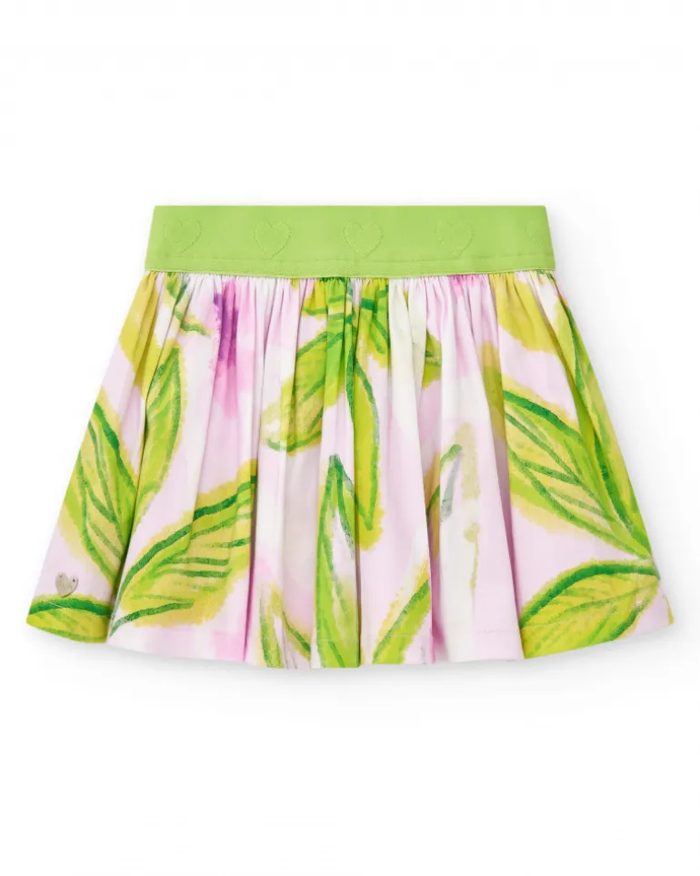 Jupe blanche pour fille avec feuilles vertes et roses