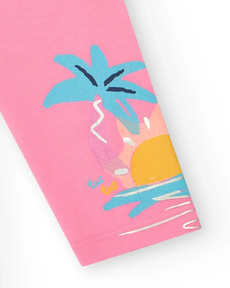 Legging corsaire rose pour fille avec palmiers et soleil sur le côté