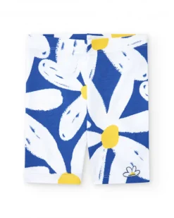 Legging cycliste blanc pour fille avec fleurs bleues et jaunes