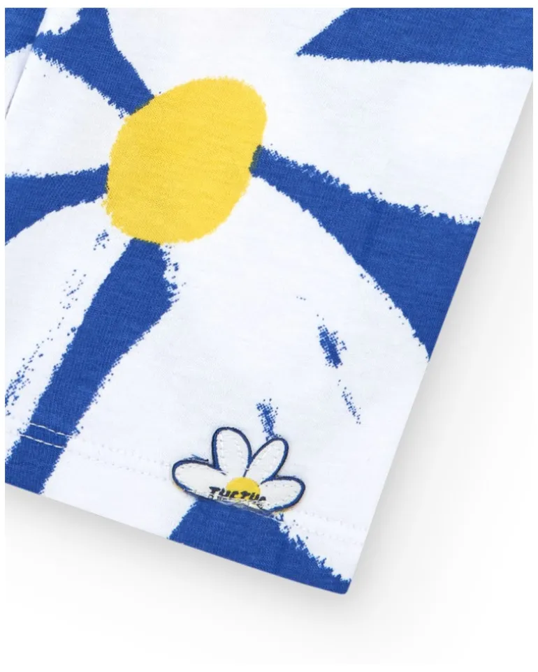Legging cycliste blanc pour fille avec fleurs bleues et jaunes