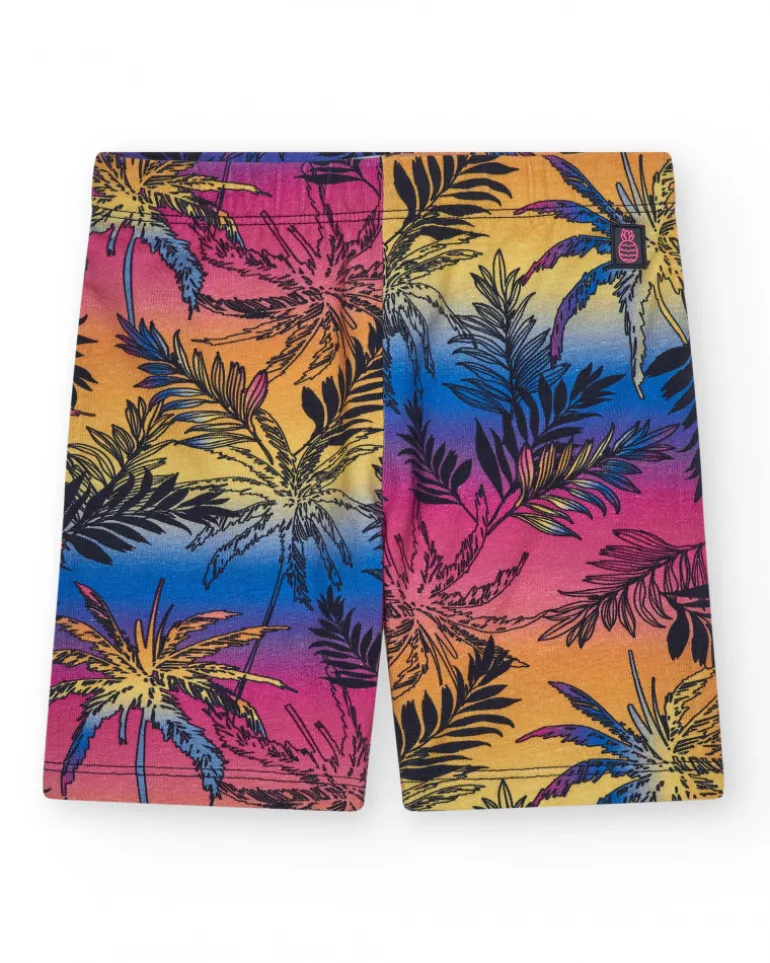 Legging cycliste pour fille avec imprimé tropical et taille élastique.