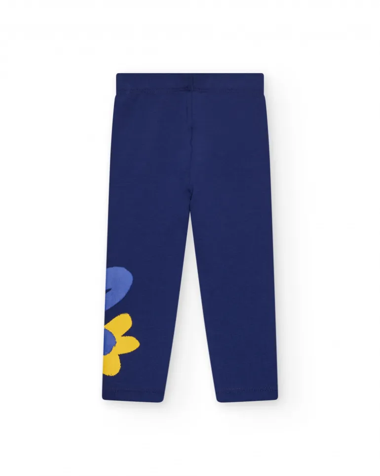 Leggings bleus pour fille avec détail floral et taille élastique