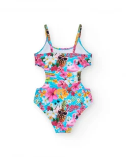 Maillot de bain multicolore pour fille avec imprimé tropical et bretelles.