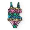 Maillot de bain pour fille en noir avec cœurs imprimés et ouverture latérale.