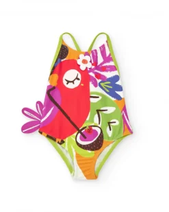 Maillot de bain pour fille avec perroquet tropical et détails floraux