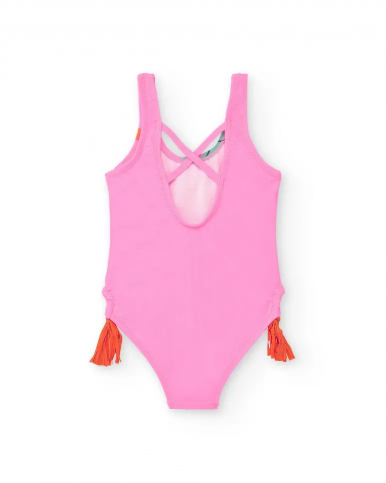 Maillot de bain rose pour fille avec imprimé tropical et pompons latéraux