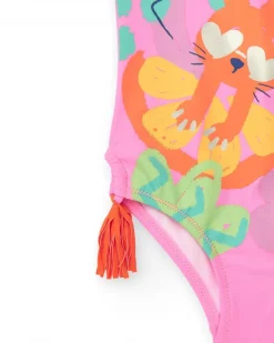 Maillot de bain rose pour fille avec imprimé tropical et pompons latéraux