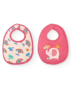 Pack de deux bavoirs pour fille rose avec imprimés d'éléphants, parapluies et palmiers