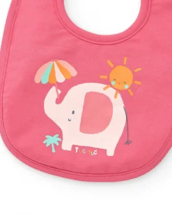 Pack de deux bavoirs pour fille rose avec imprimés d'éléphants, parapluies et palmiers