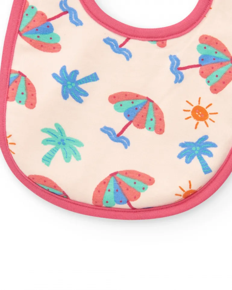 Pack de deux bavoirs pour fille rose avec imprimés d'éléphants, parapluies et palmiers