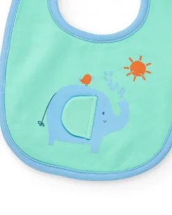 Pack de deux bavoirs pour garçon, un vert avec éléphant et l'autre avec palmiers et soleils