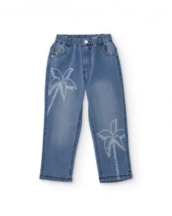 Pantalón vaquero para niño en azul con estampado de palmeras