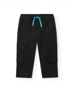 Pantalon cargo noir pour garçon avec poches et cordon bleu
