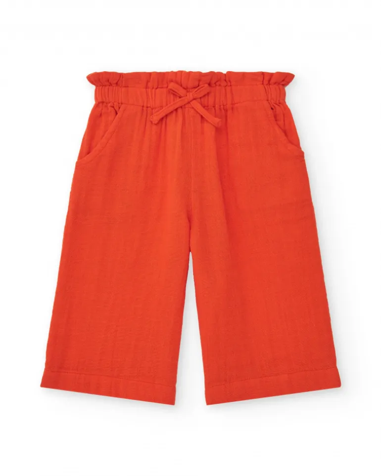 Pantalon culotte orange pour fille avec taille froncée et nœud