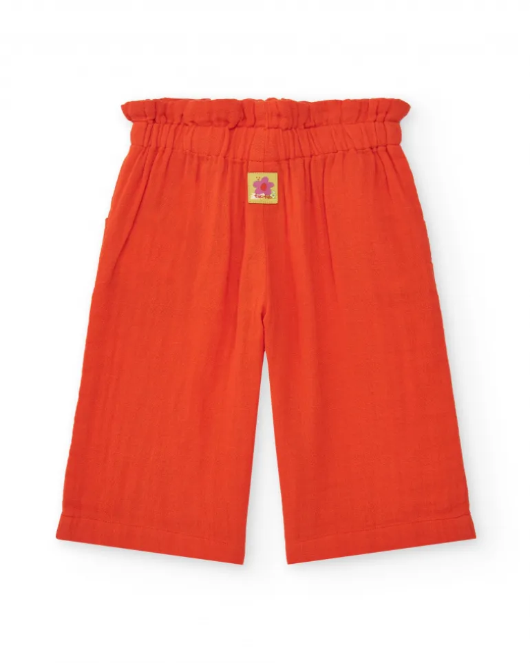 Pantalon culotte orange pour fille avec taille froncée et nœud