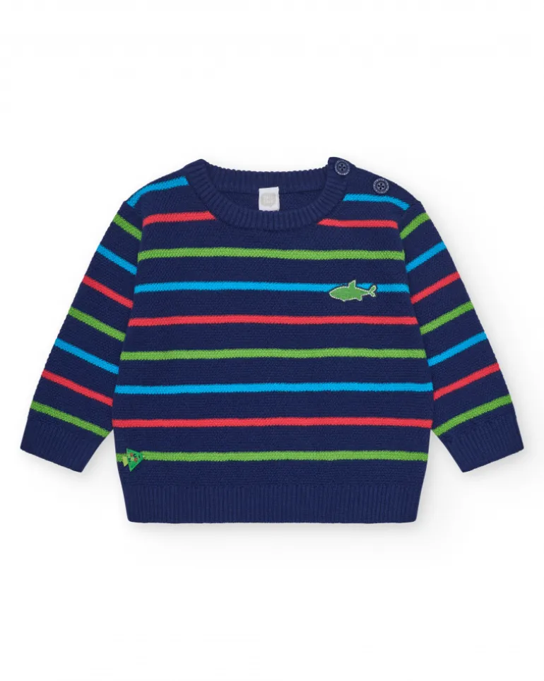 Pull bleu marine pour garçon avec rayures et requin brodé