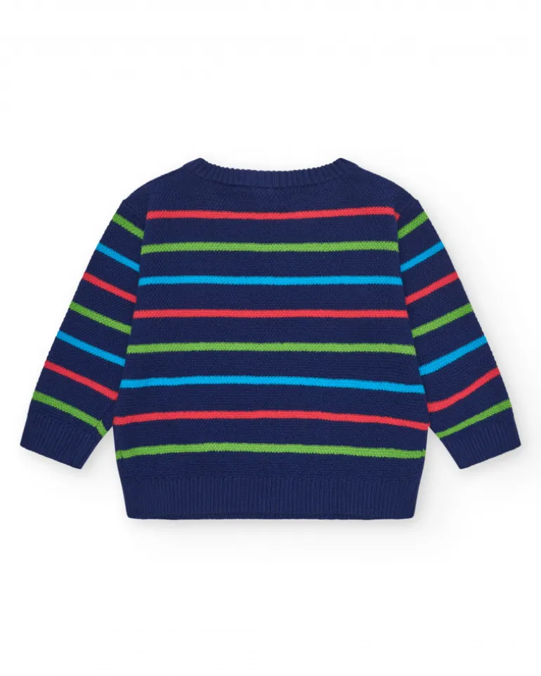 Pull bleu marine pour garçon avec rayures et requin brodé