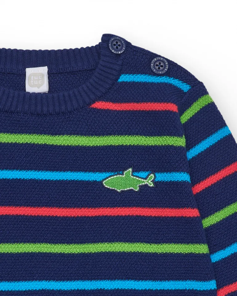Pull bleu marine pour garçon avec rayures et requin brodé