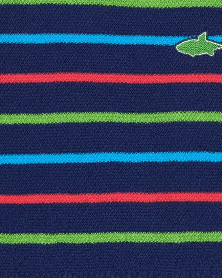 Pull bleu marine pour garçon avec rayures et requin brodé