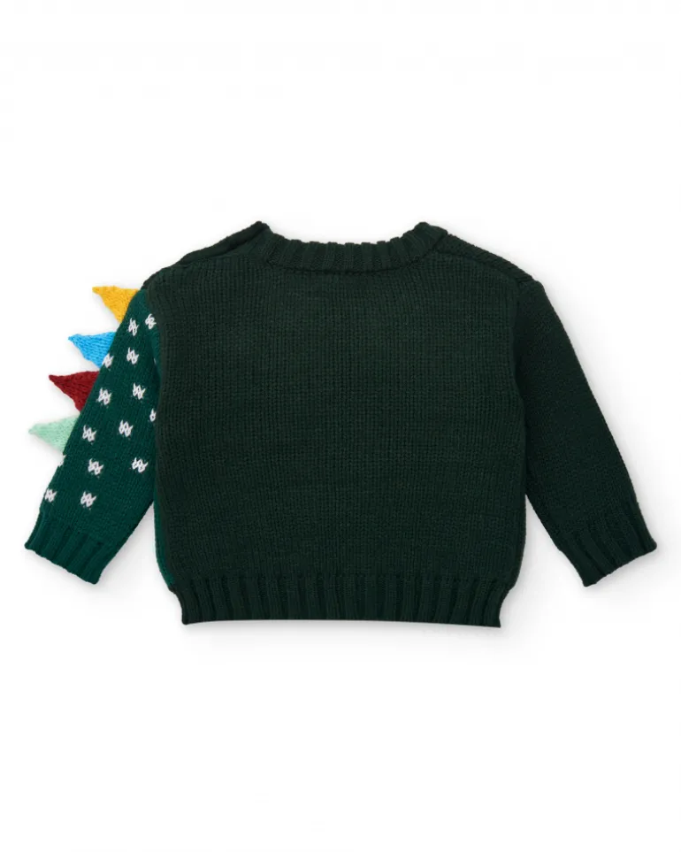 Pull tricoté vert pour garçon avec motif dinosaure en relief collection Cyber Dino