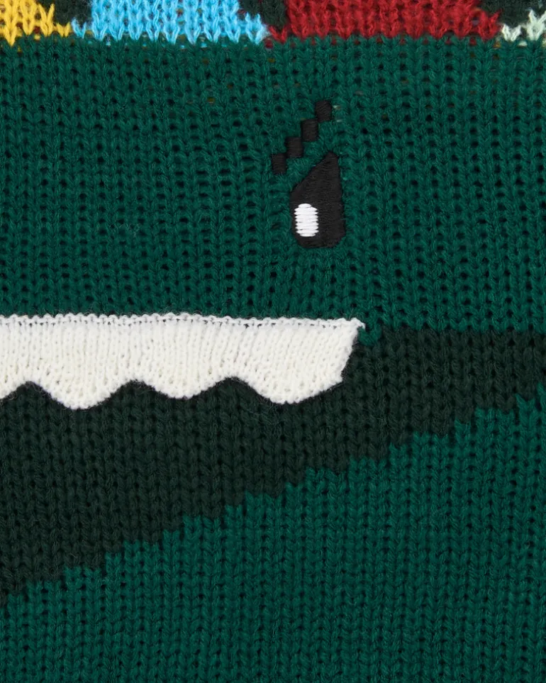 Pull tricoté vert pour garçon avec motif dinosaure en relief collection Cyber Dino