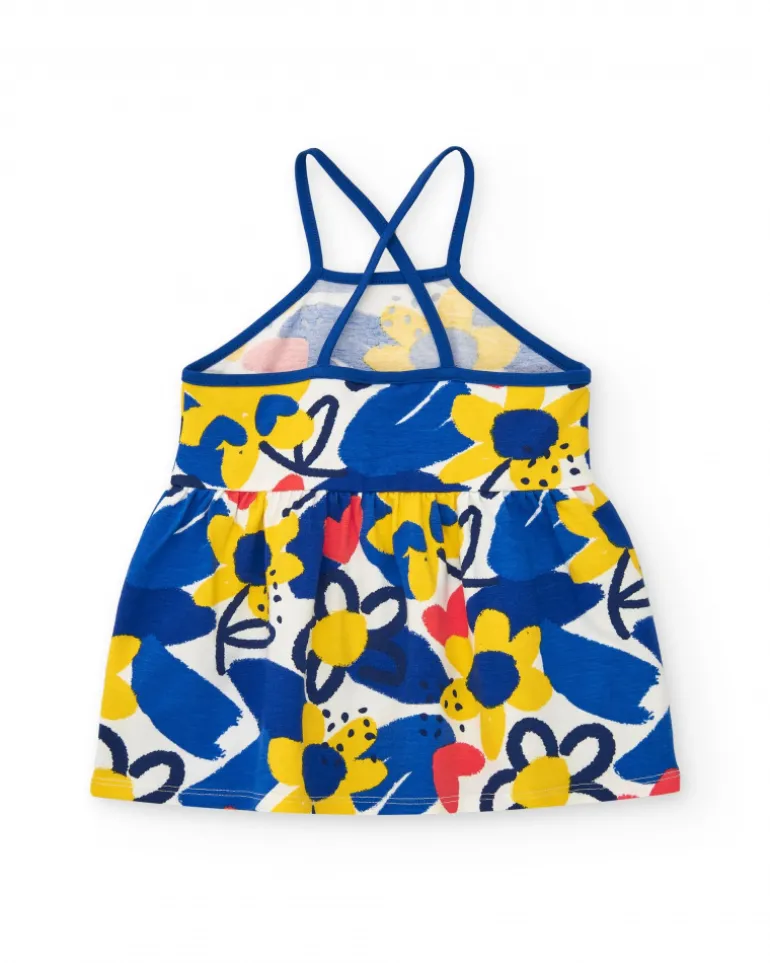 Robe à bretelles bleue pour fille avec fleurs
