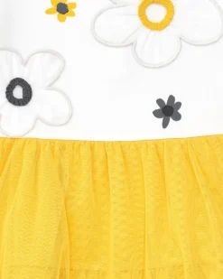 Robe blanche et jaune pour fille avec fleurs et jupe en tulle