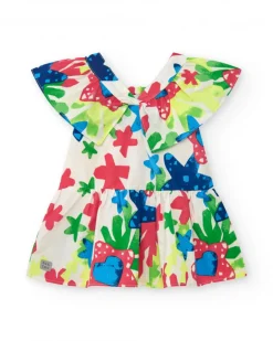 Robe blanche pour fille avec imprimé floral et volants
