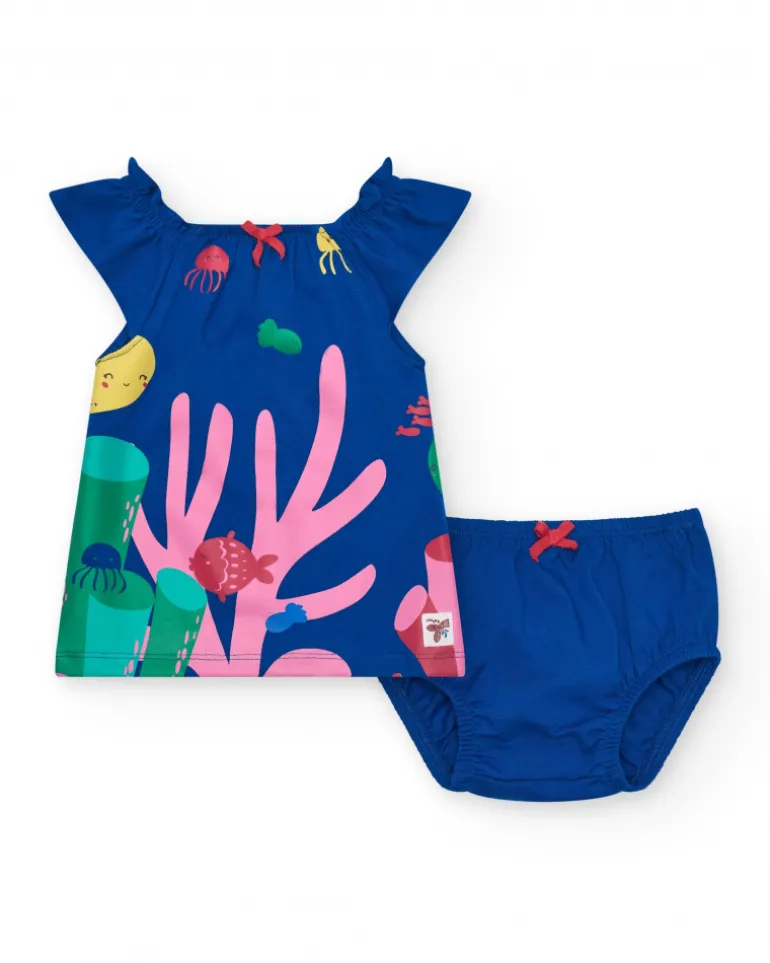 Robe bleue en tricot pour fille avec imprimé marin et corail rose
