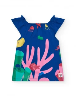Robe bleue en tricot pour fille avec imprimé marin et corail rose