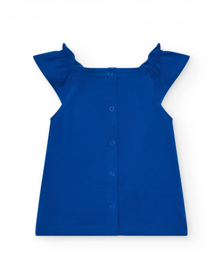Robe bleue en tricot pour fille avec imprimé marin et corail rose