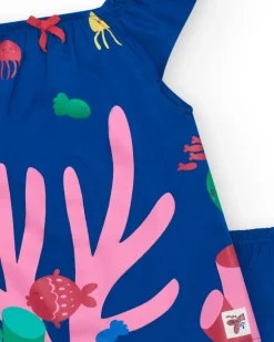 Robe bleue en tricot pour fille avec imprimé marin et corail rose
