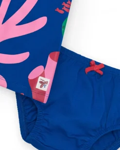 Robe bleue en tricot pour fille avec imprimé marin et corail rose