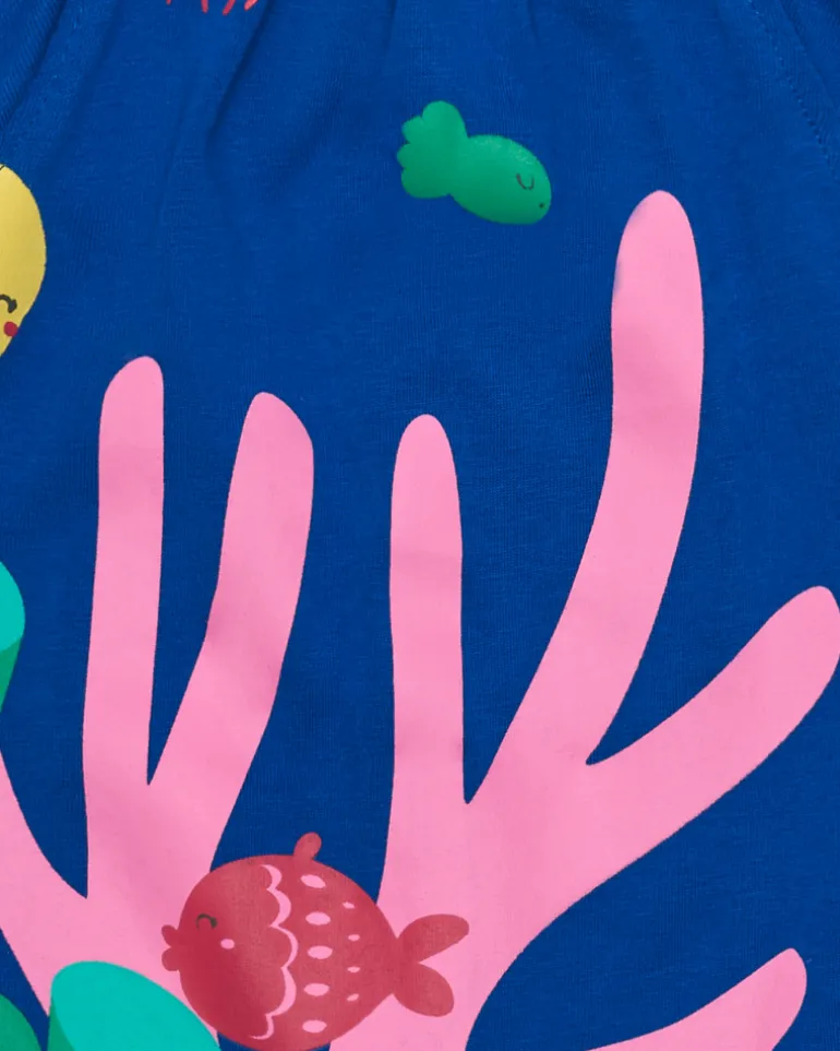 Robe bleue en tricot pour fille avec imprimé marin et corail rose