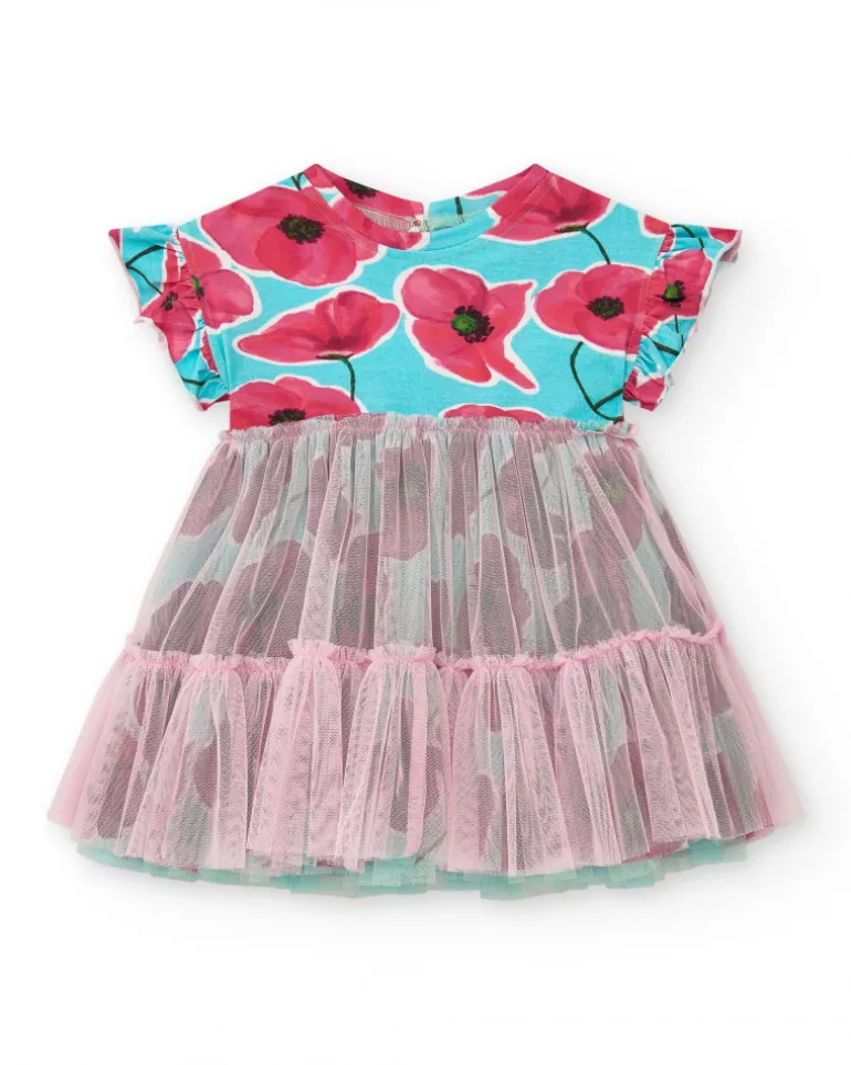 Robe bleue florale pour fille avec jupe en tulle