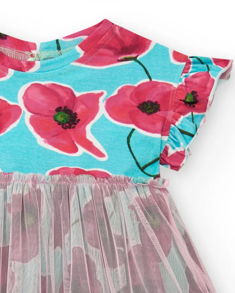 Robe bleue florale pour fille avec jupe en tulle