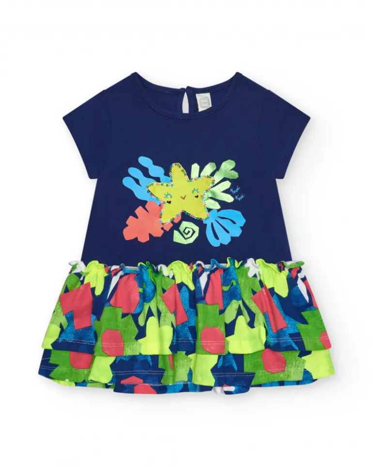 Robe bleue pour fille avec étoile jaune et jupe fleurie