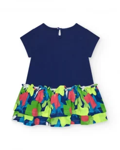 Robe bleue pour fille avec étoile jaune et jupe fleurie