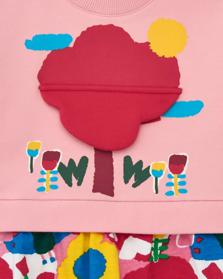 Robe en peluche pour fille en rose avec un détail d'arbre en 3D et un imprimé floral Happy Garden