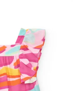 Robe en popeline rose pour fille avec imprimé multicolore et volants