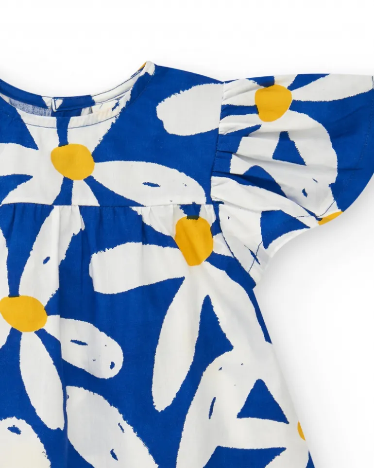 Robe en toile bleue pour fille avec volants et imprimé floral