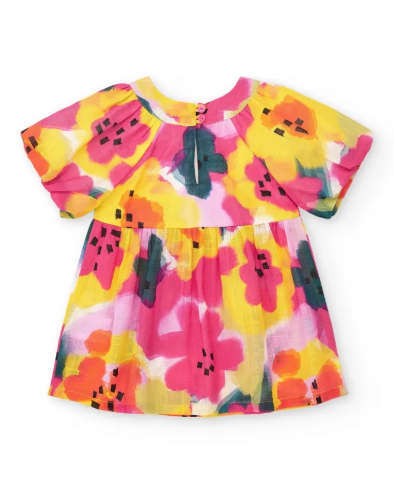 Robe en toile lilas pour fille avec fleurs jaunes et roses et manches bouffantes