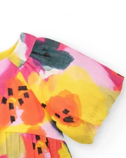 Robe en toile lilas pour fille avec fleurs jaunes et roses et manches bouffantes