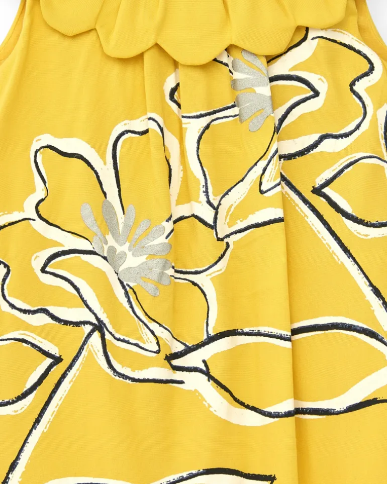 Robe jaune sans manches pour fille avec imprimé floral et col à volants