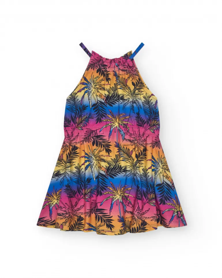 Robe multicolore pour fille décorée avec des palmiers.