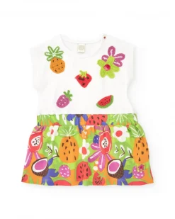 Robe pour fille avec haut blanc brodé et jupe imprimée de fruits tropicaux